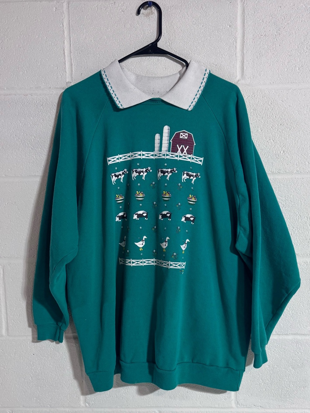Grandmacore Teal Farm-Graphic Sweater with Contrast Collar
